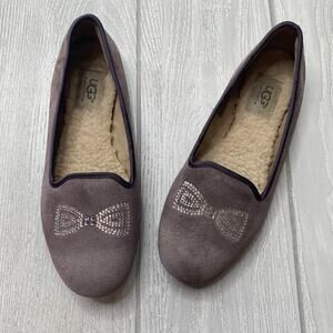 Ugg Women's Alloway Grey Suede Crystal Bow Bedazzled Ballet Flats Size 7.5